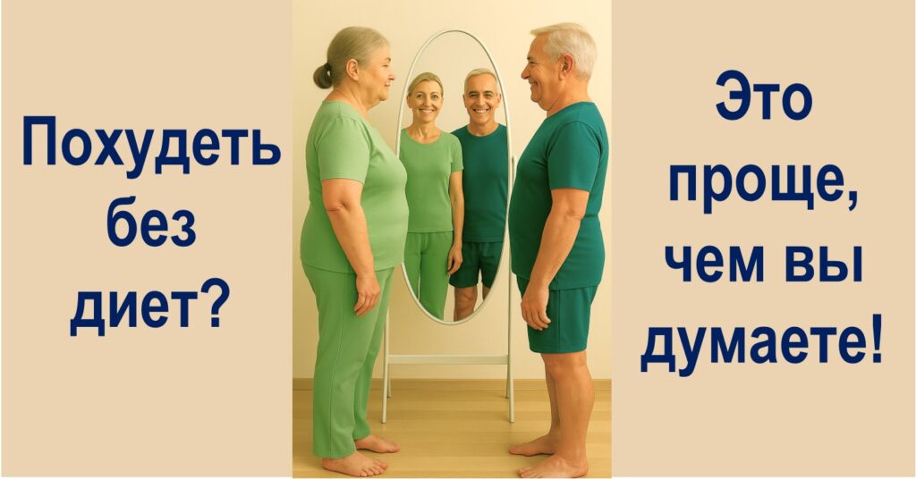 Пожилая пара смотрит в зеркало и видит себя стройными — похудение без диет